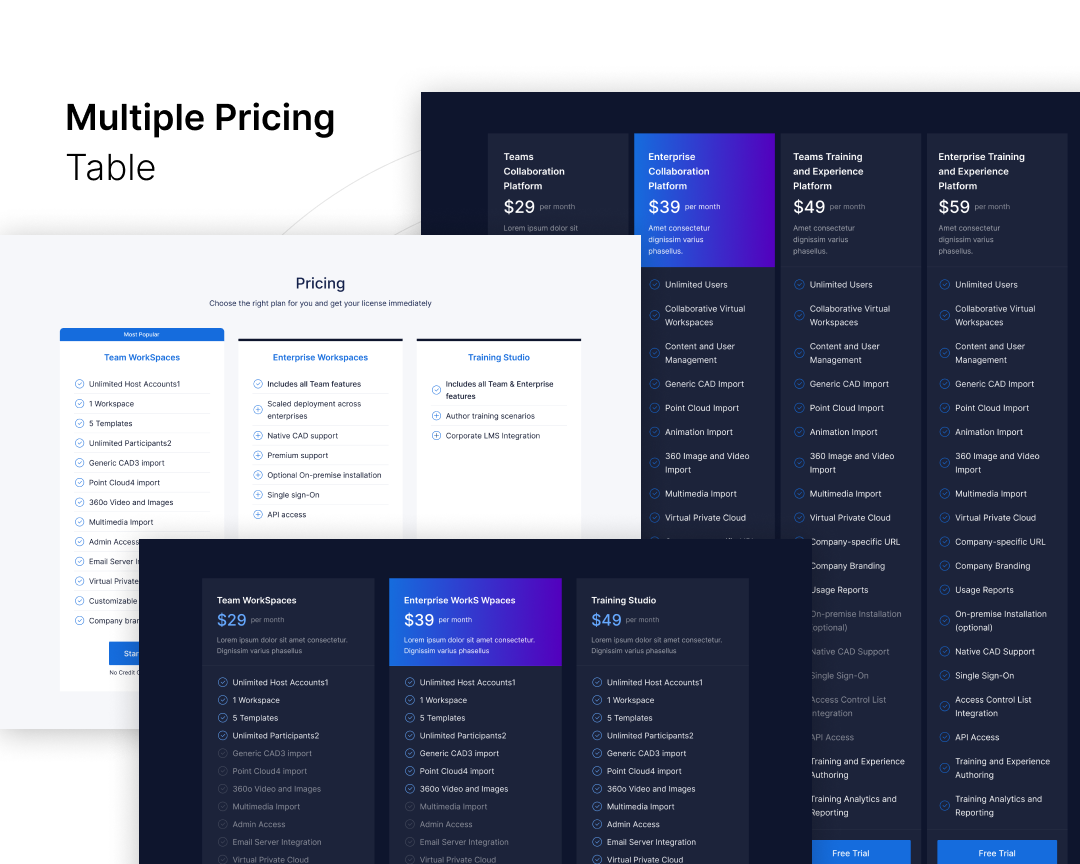 Multiple pricing table design ui kit